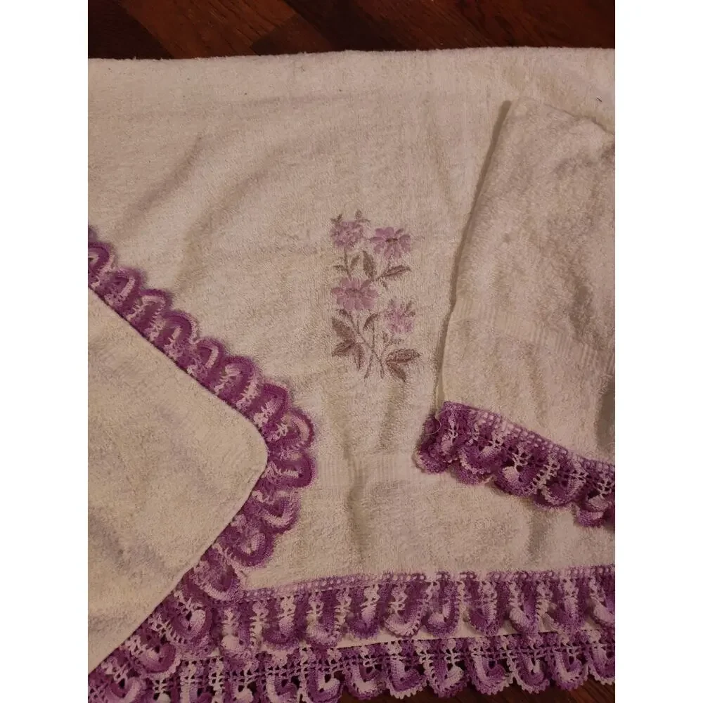 Vintage Purple Towel Set Retro Decorative Bath Lace Crochet Trim Set Of 3